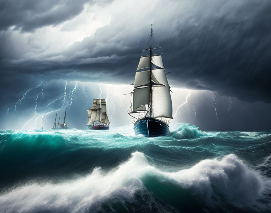 Tall ships in stormy seas with towering waves & lightning