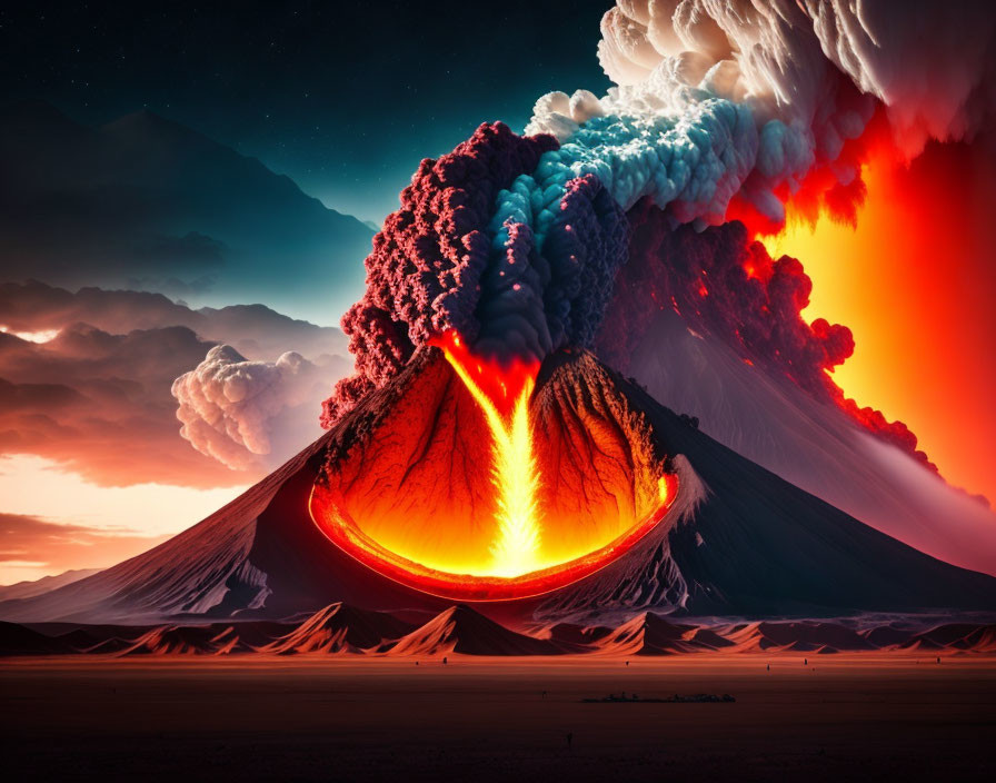 Erupting volcano with glowing lava flow and ash plume under starry sky