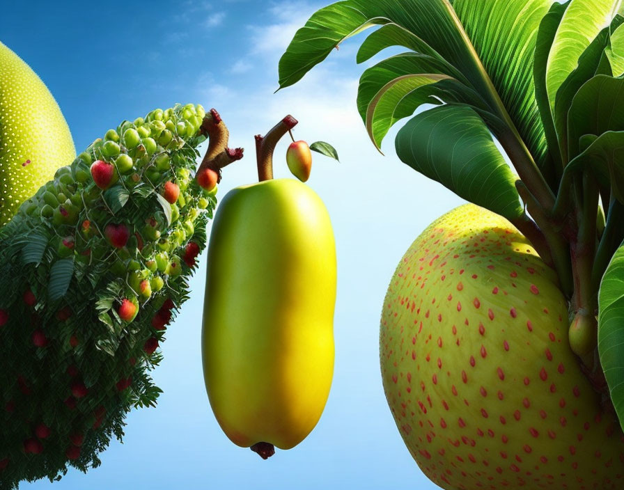 Surreal image of oversized fruits in lush tree setting