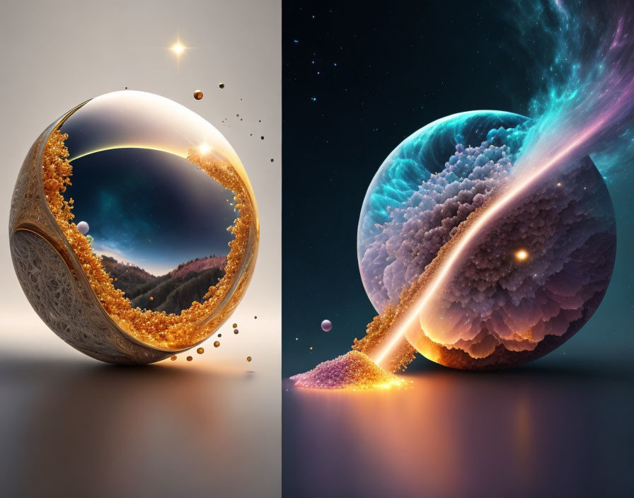 Intricate spherical digital art: mountain landscape & celestial scene.