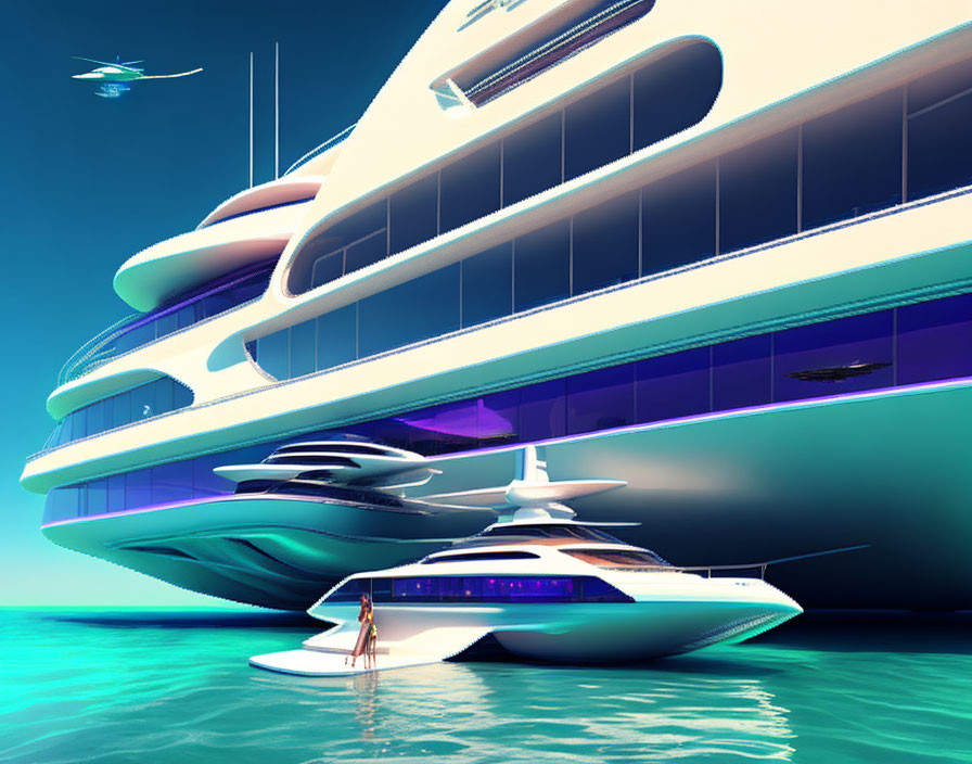 Sleek futuristic yacht on tranquil waters with multiple levels and small boat approaching