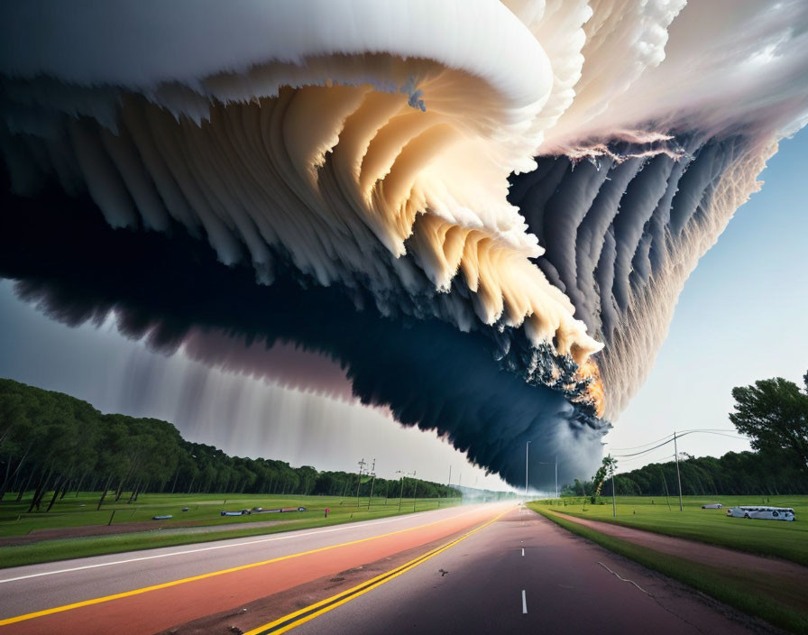 Surreal image of expansive road under dramatic sky