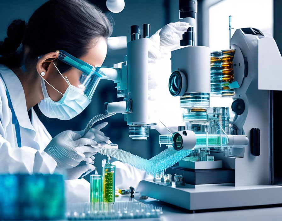 Scientist conducting experiment with microscope in laboratory.