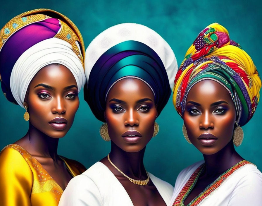 Vibrant makeup and headwraps on three women against blue backdrop