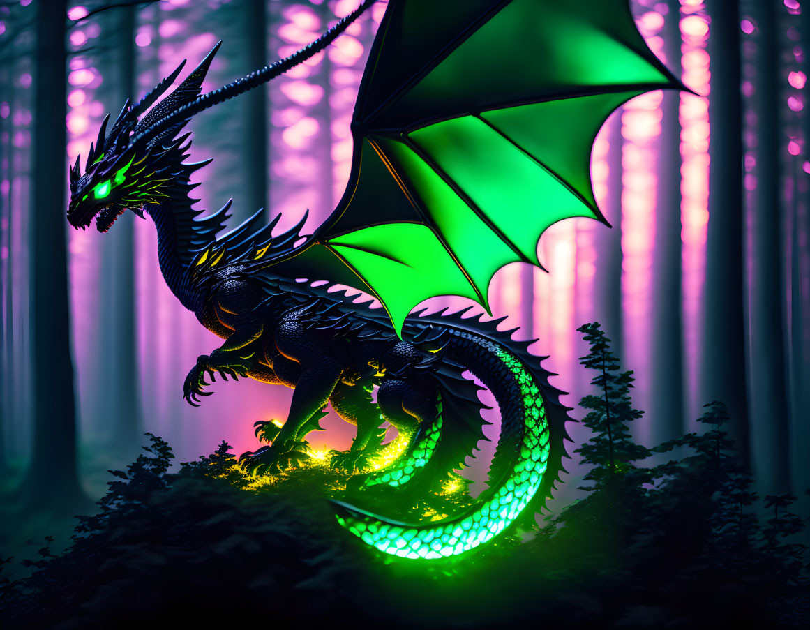 Majestic black dragon in enchanted forest with glowing green accents