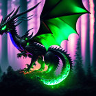 Majestic black dragon in enchanted forest with glowing green accents