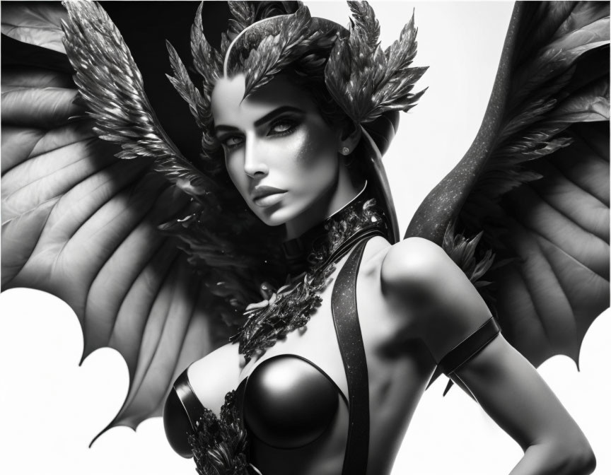 Monochrome artistic depiction of a mythical woman with feathered wings and warrior headpiece