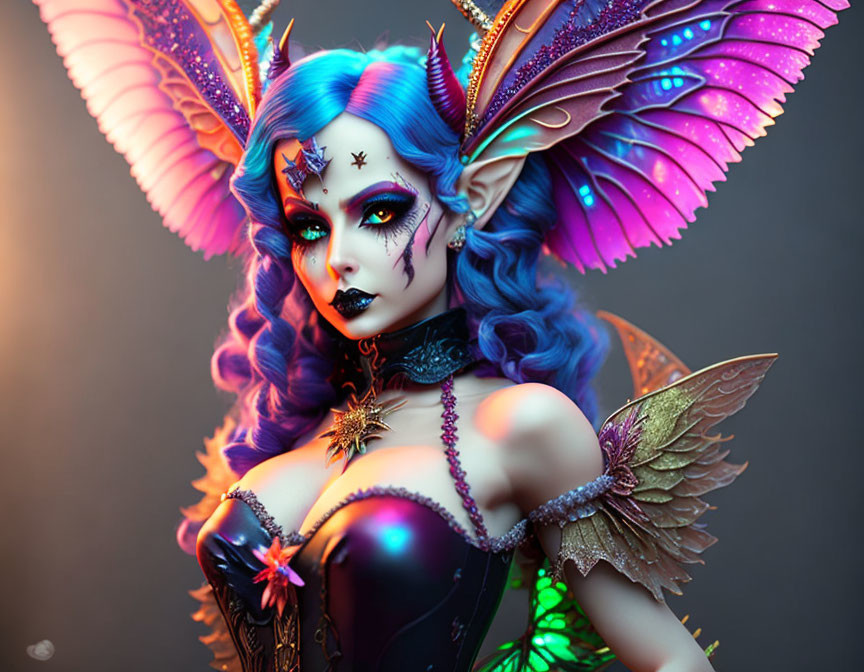 Fantasy character with butterfly wings, blue skin, pointed ears, and purple hair.