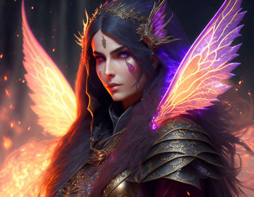 Fantasy Female Character with Glowing Orange Wings and Elaborate Armor