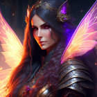 Fantasy Female Character with Glowing Orange Wings and Elaborate Armor