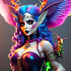 Fantasy character with butterfly wings, blue skin, pointed ears, and purple hair.