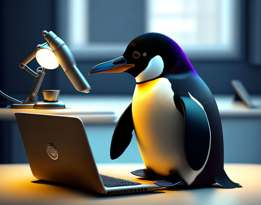 Cartoon penguin at desk with laptop in dimly lit room