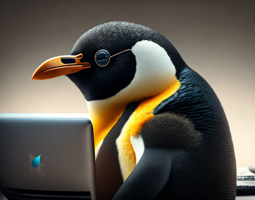 Penguin illustration with human-like features and laptop, monocle, orange and yellow neck feathers