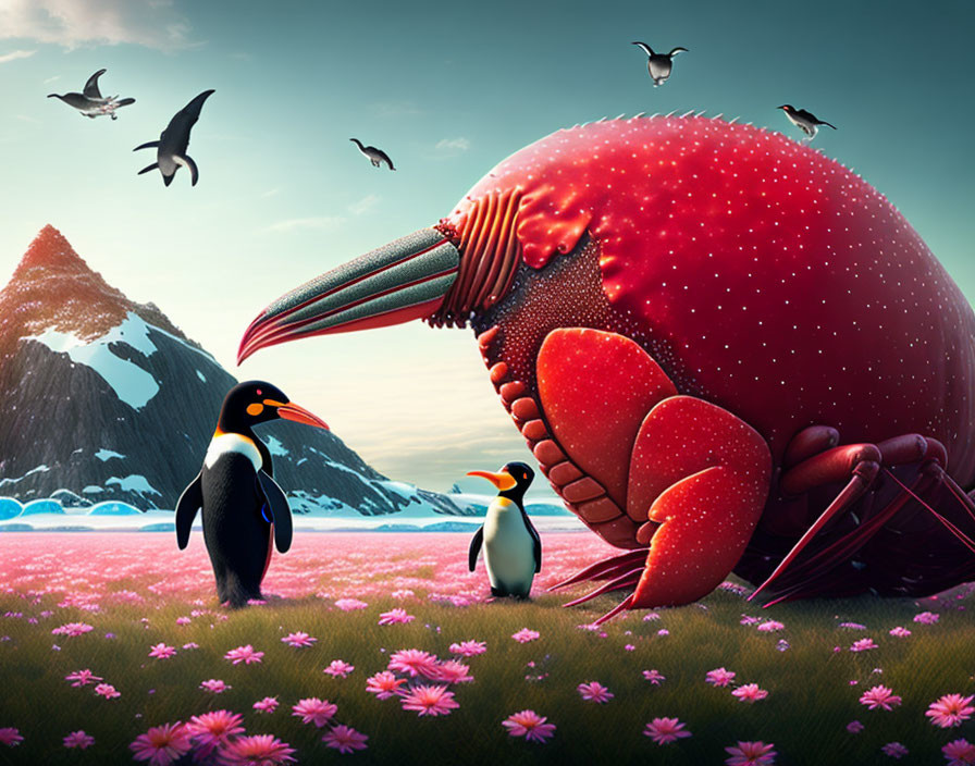 Giant red crab in pink flower field with penguins, mountains, and twilight sky