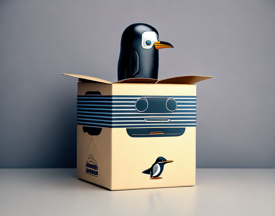 Toy penguin emerging from penguin-themed cardboard box