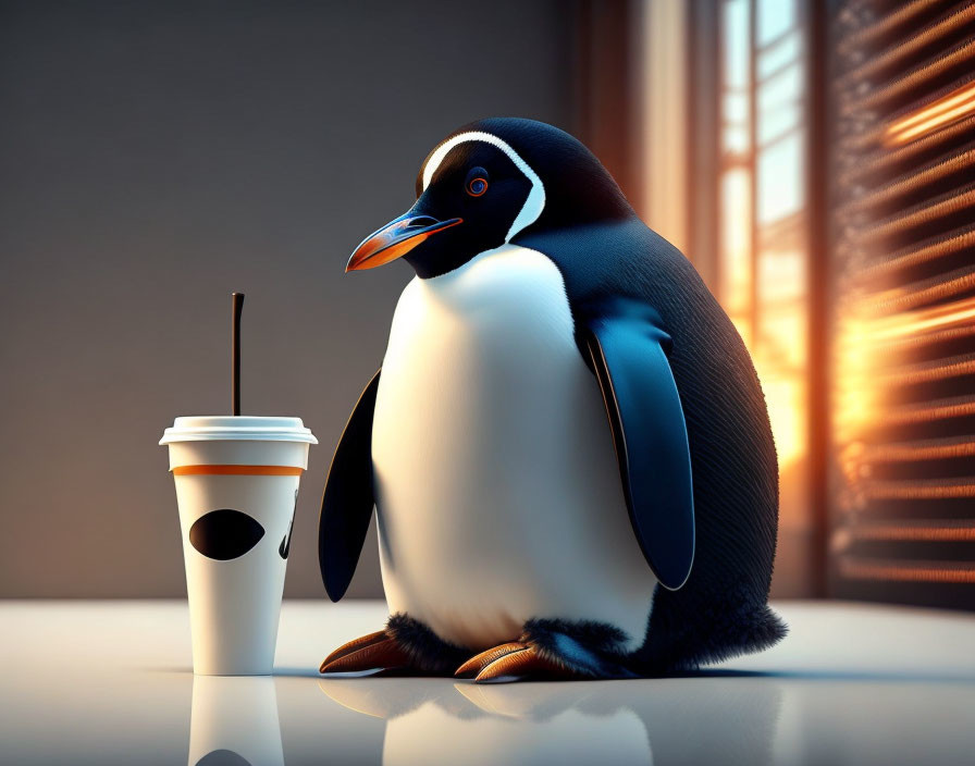 3D-rendered penguin with coffee cup in sunny interior