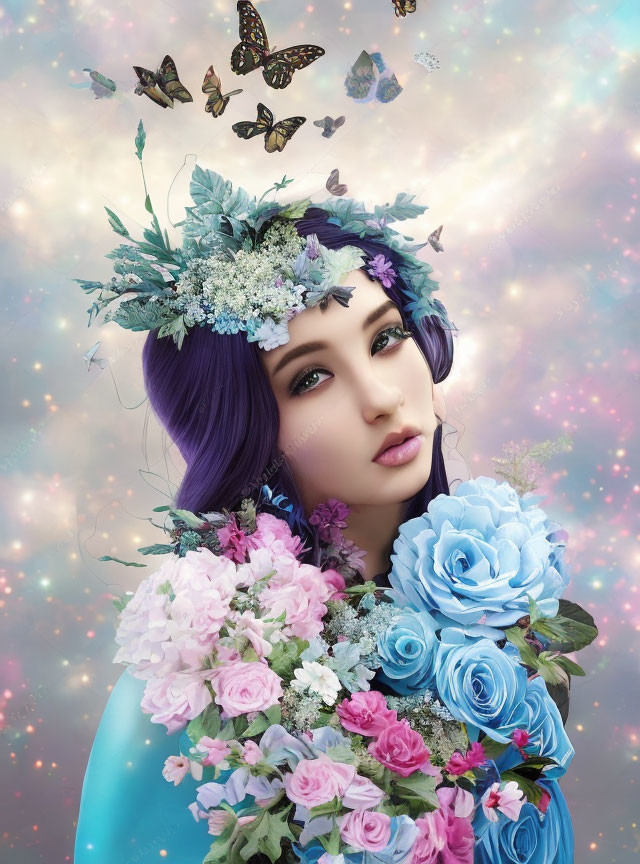 Purple-haired woman with floral crown surrounded by flowers and butterflies in dreamy setting