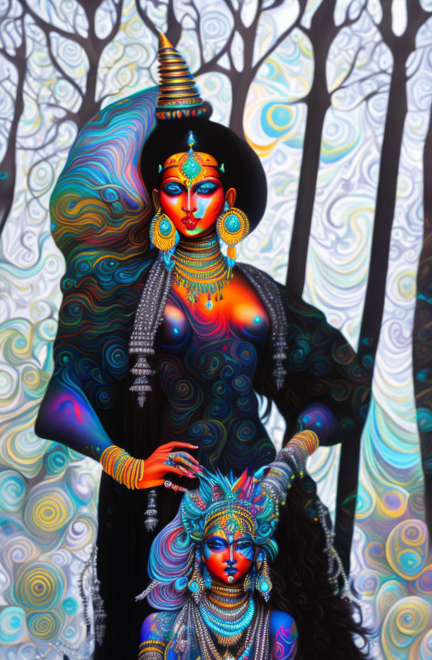 Colorful digital artwork featuring a figure with multiple arms and intricate jewelry