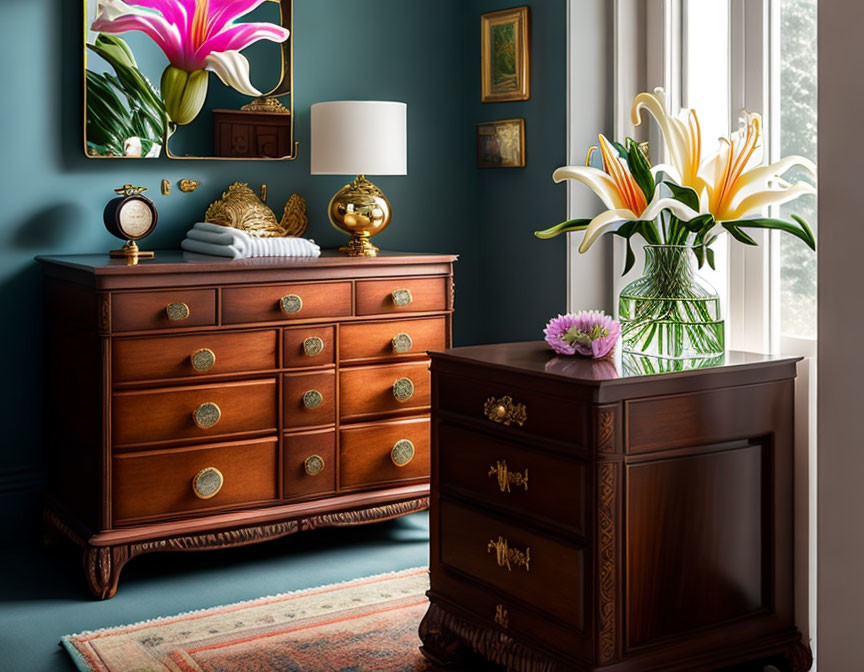 Classic Wooden Dresser and Side Table with Vibrant Floral Arrangements on Teal Wall