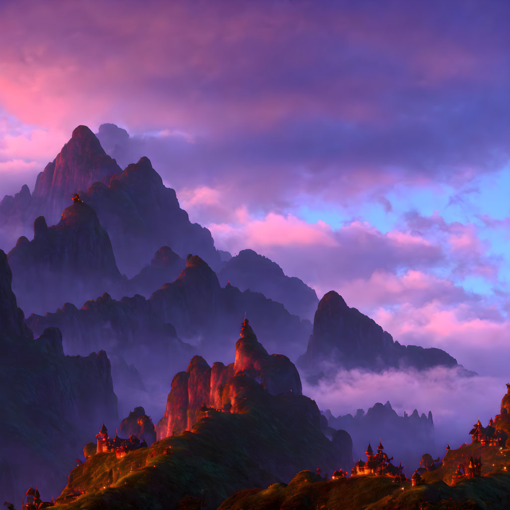 Mystical landscape with misty mountains, glowing lanterns, and pagodas at dawn or