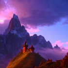 Mystical landscape with misty mountains, glowing lanterns, and pagodas at dawn or