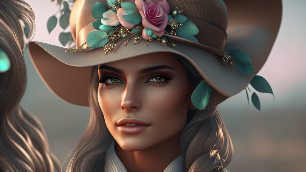 Detailed digital portrait of a woman with decorated hat and rose.