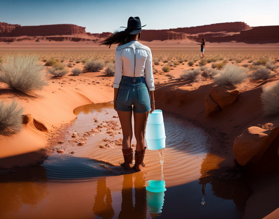 Woman in hat and boots spills paint in desert, forming illusion of distant figure.