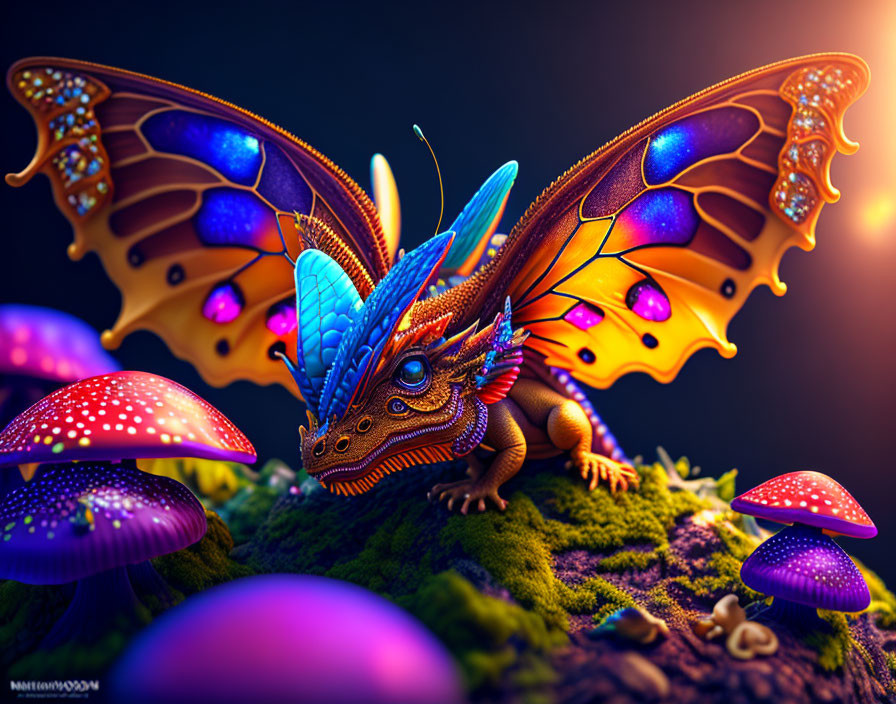 Mythical creature with butterfly wings and dragon body on mossy surface with red-capped mushrooms