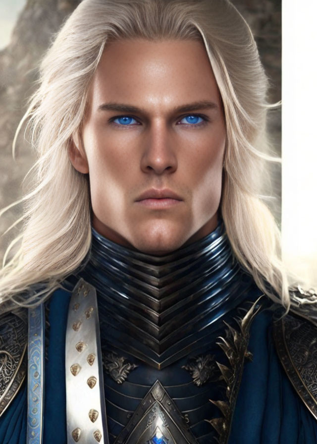 Fantasy character portrait with long white hair and medieval armor