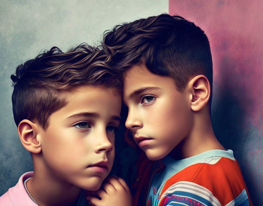 Curly-Haired Boys Leaning Together on Textured Background