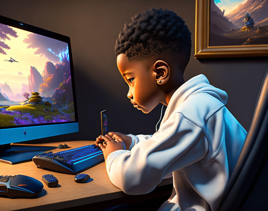 Child mesmerized by gaming setup with fantasy landscape on monitor