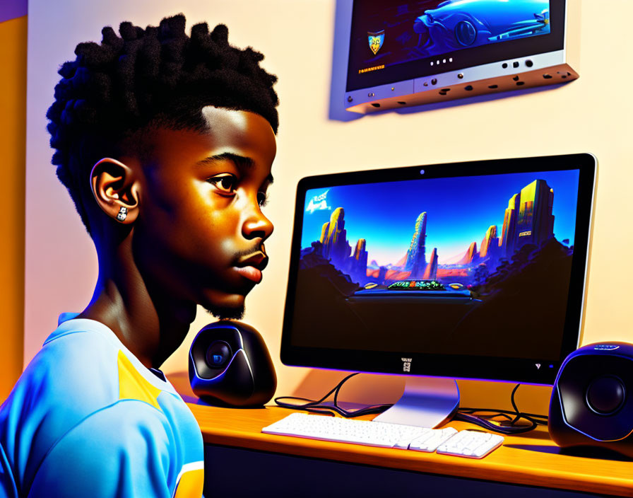 Young person with afro hairstyle at desk with futuristic cityscape on computer.