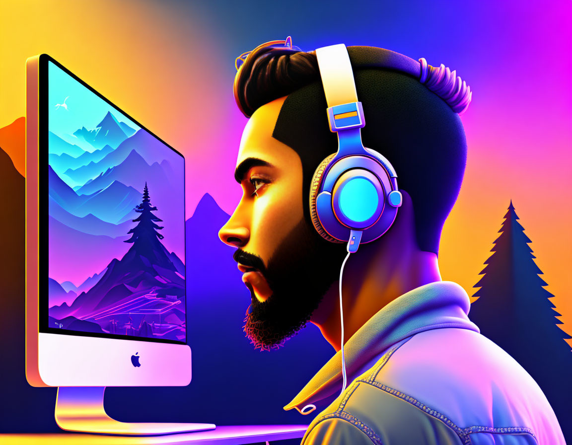 Digital illustration: Bearded man with headphones and iMac showing vibrant mountain scenery