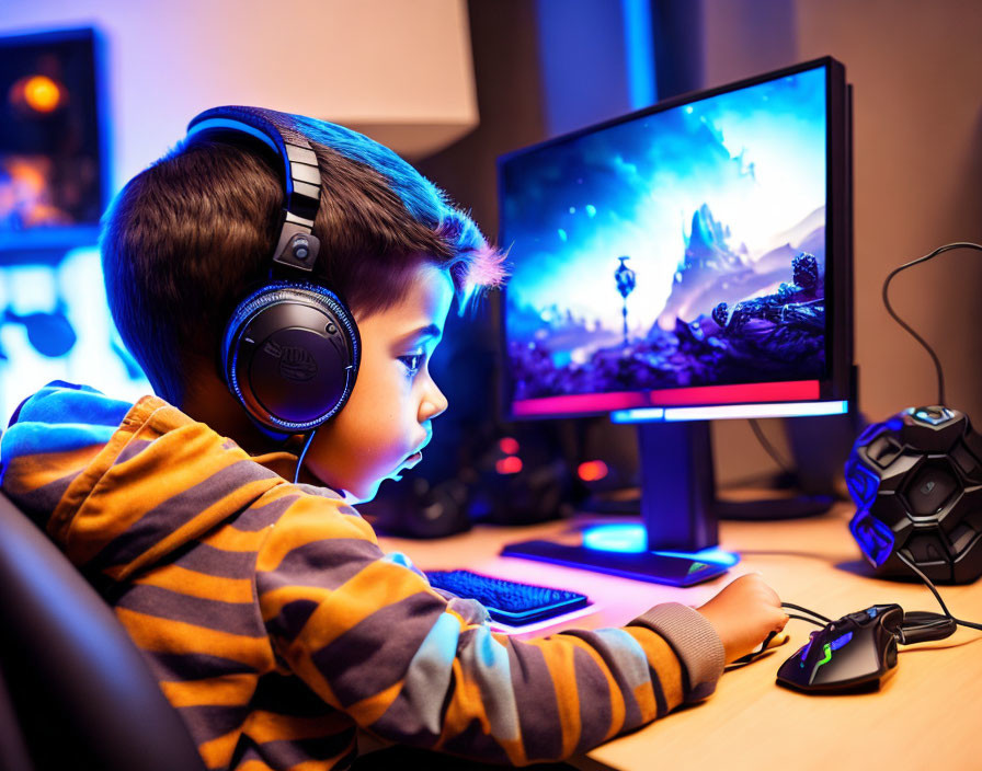 Child playing video game with headphones on desktop computer