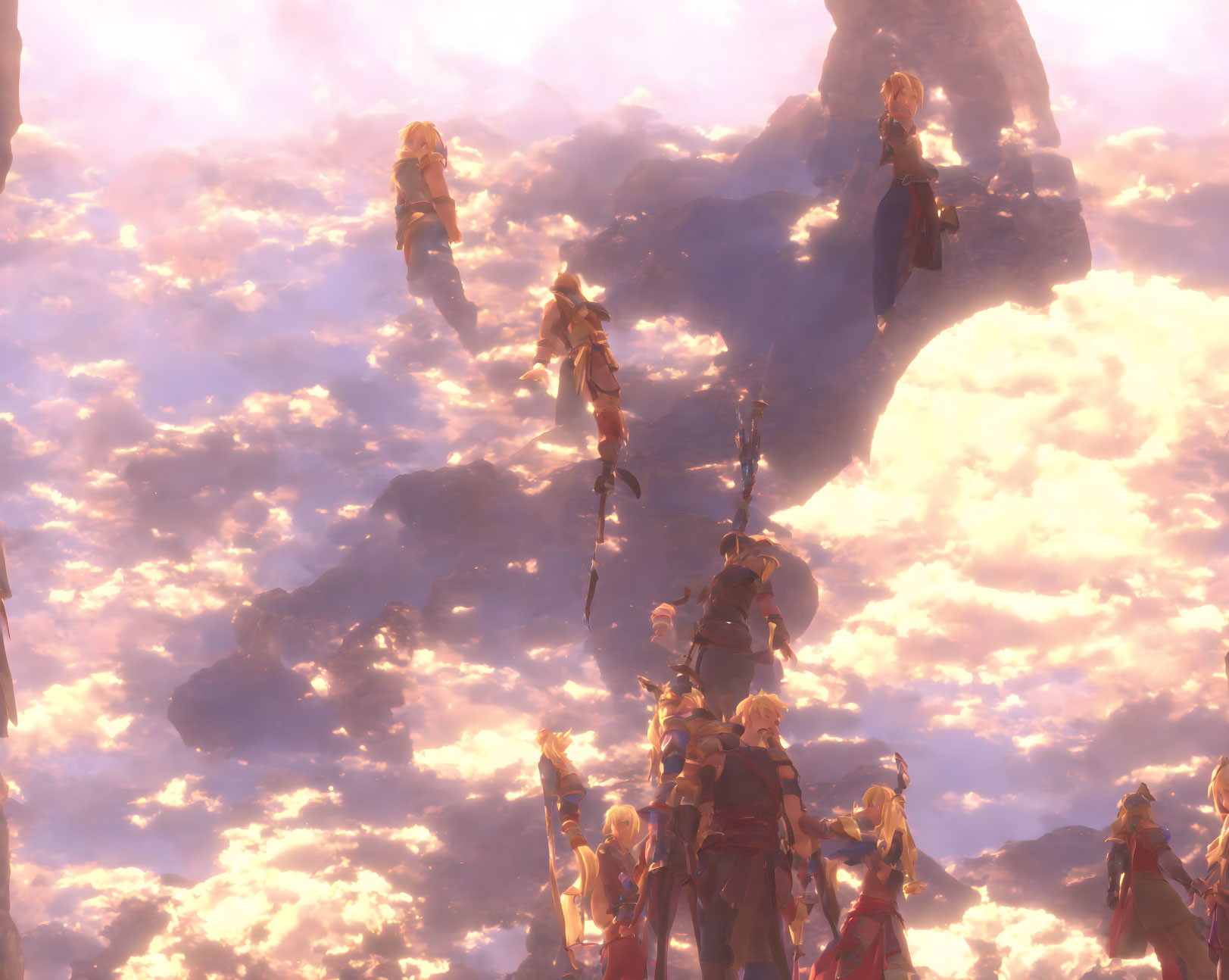 Fantasy characters in armor on rocky outcrop under radiant sky