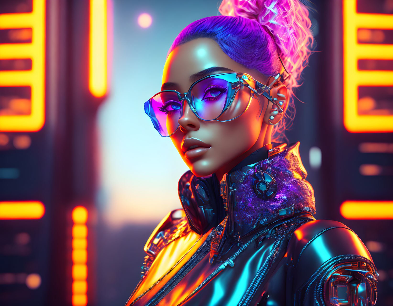 Futuristic female character with neon lighting, purple hair, and cyberpunk outfit