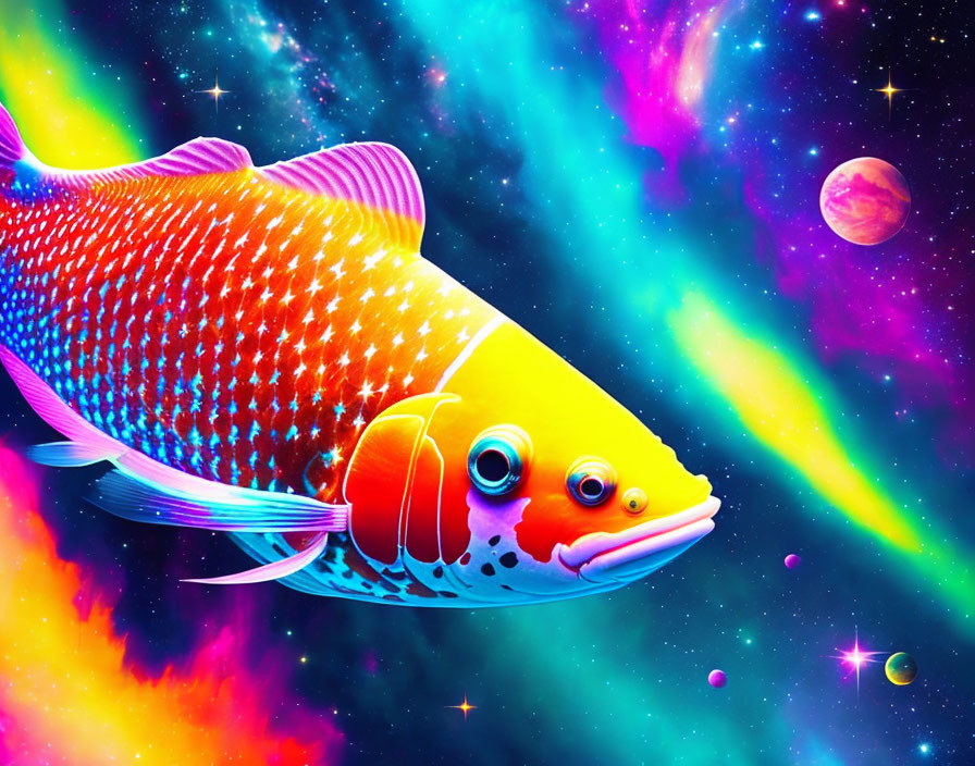 Colorful Fish Swimming in Psychedelic Cosmic Scene