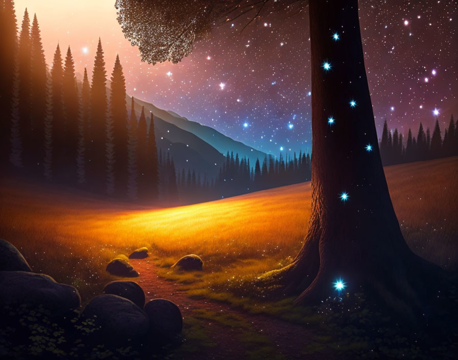 Enchanting twilight forest clearing with starry sky and glowing fireflies