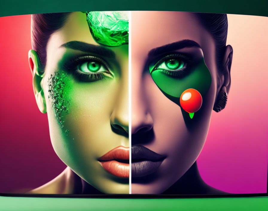 Woman's face split image with natural and bold green makeup