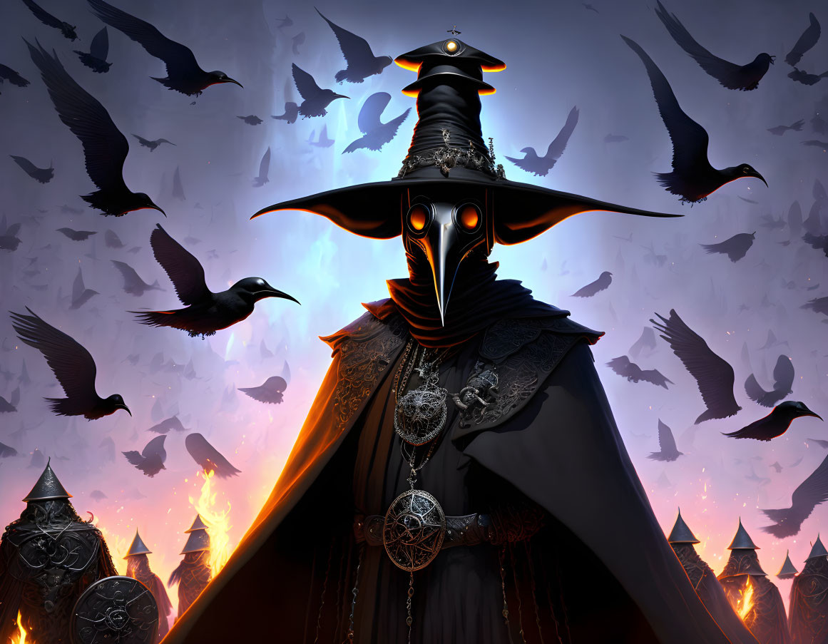 Mysterious figure with glowing eyes in wide-brimmed hat and cape against fiery sky.