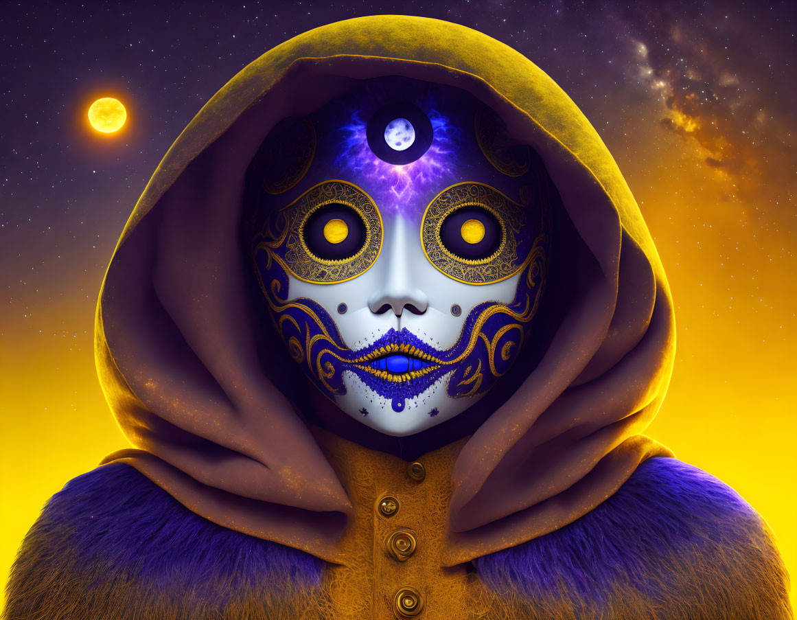 Purple and Gold Decorated Mask with Third Eye Motif Under Starry Twilight Sky