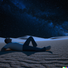 Person lying on desert sand dune under starry Milky Way galaxy