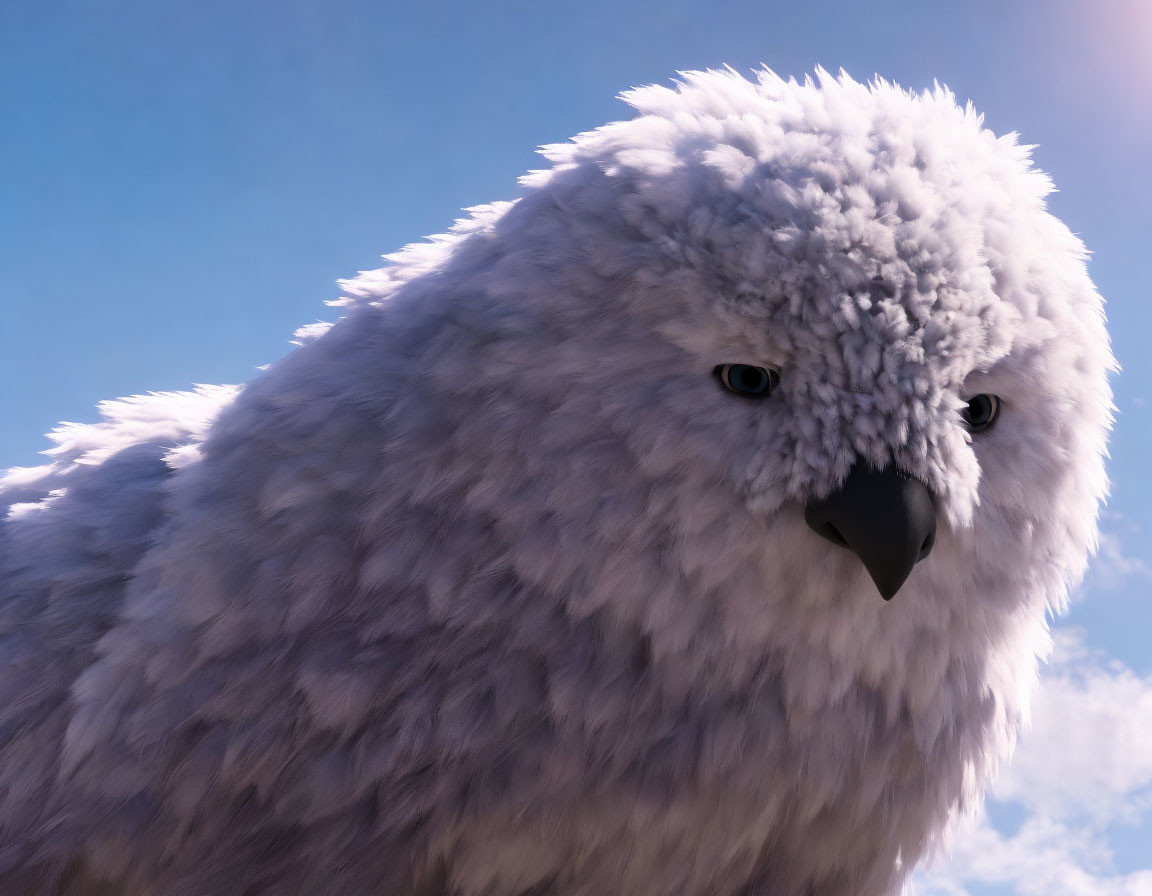 CGI fluffy white owl with yellow eyes on blue sky background