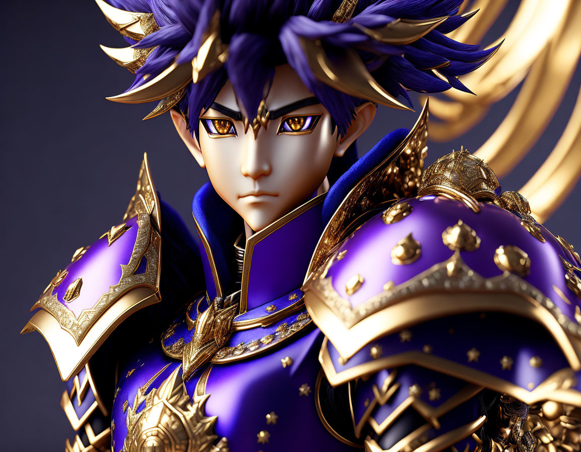 CG image: Person with spiky blue hair, regal expression, golden & purple armor