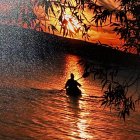 Kayaker on Calm Water at Vibrant Sunset with Orange Tones