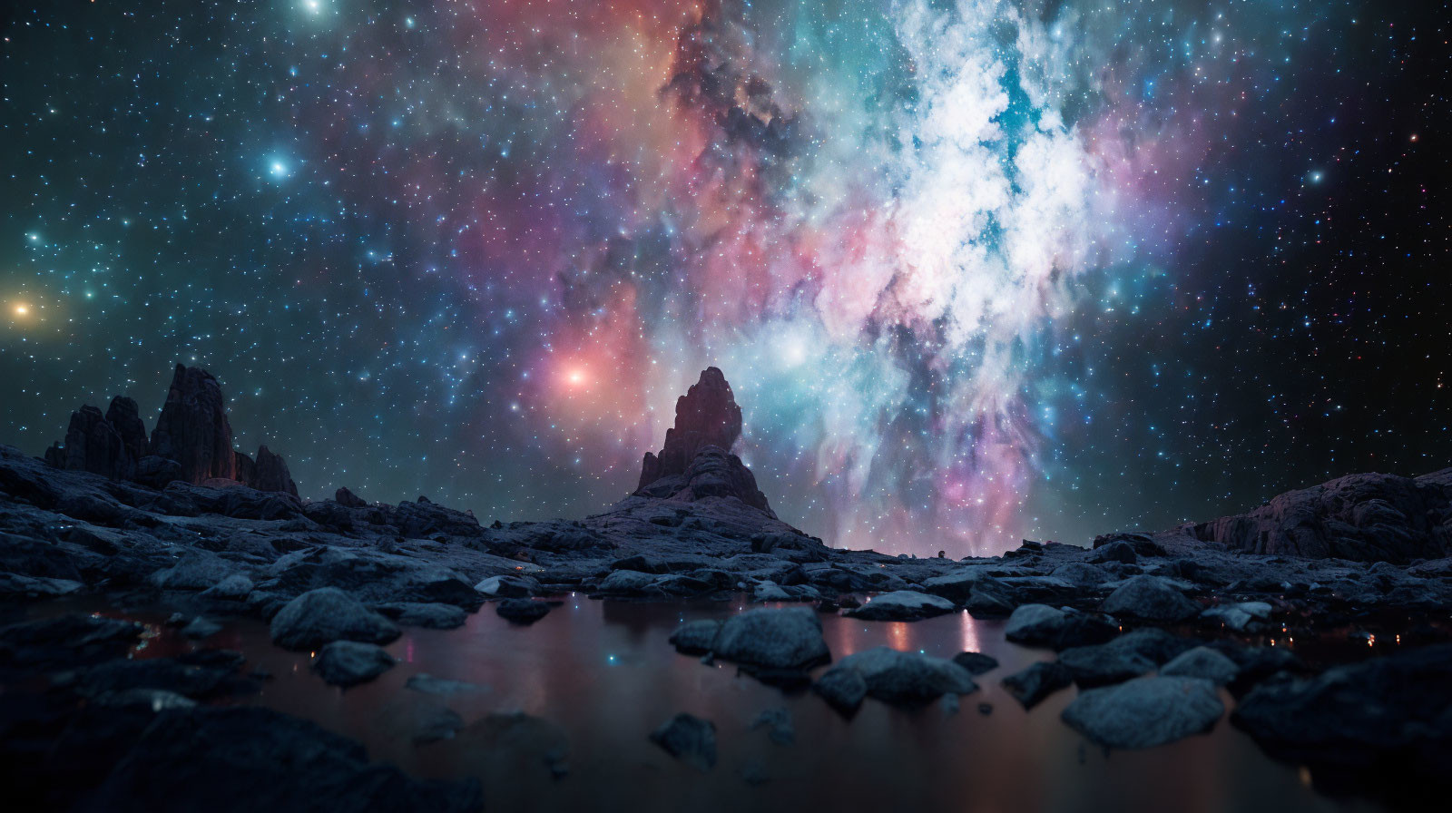 Rocky Terrain & Starry Night Sky: Cosmic Nebulas and Stars