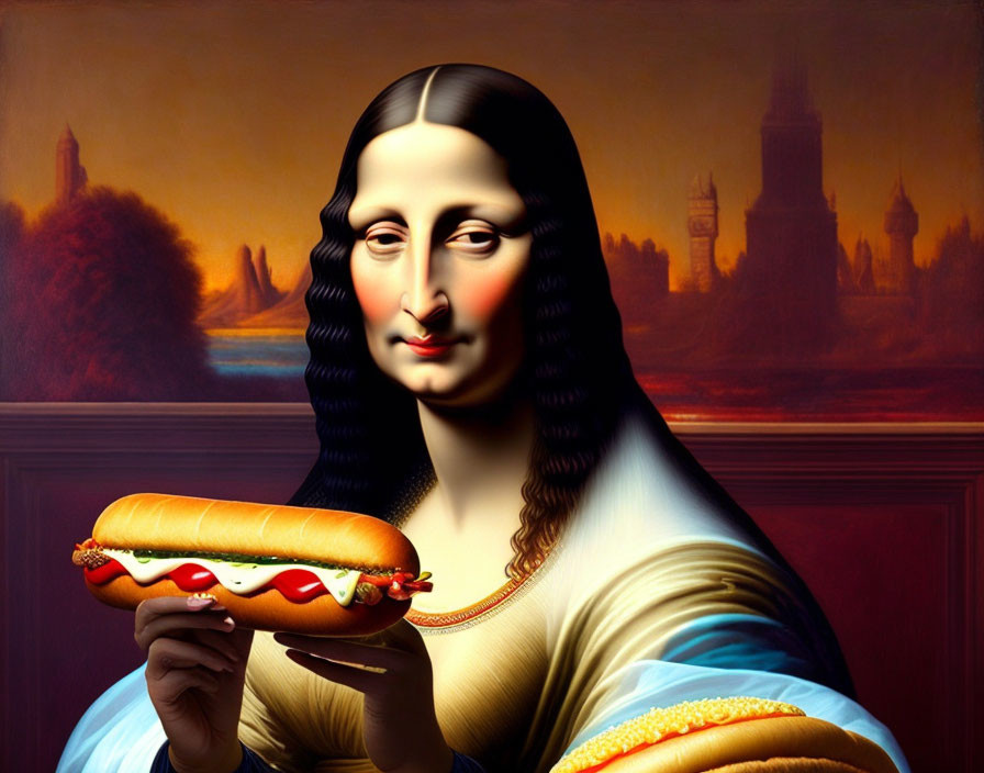 Classic art parody featuring Mona Lisa holding a hot dog with whimsical expression