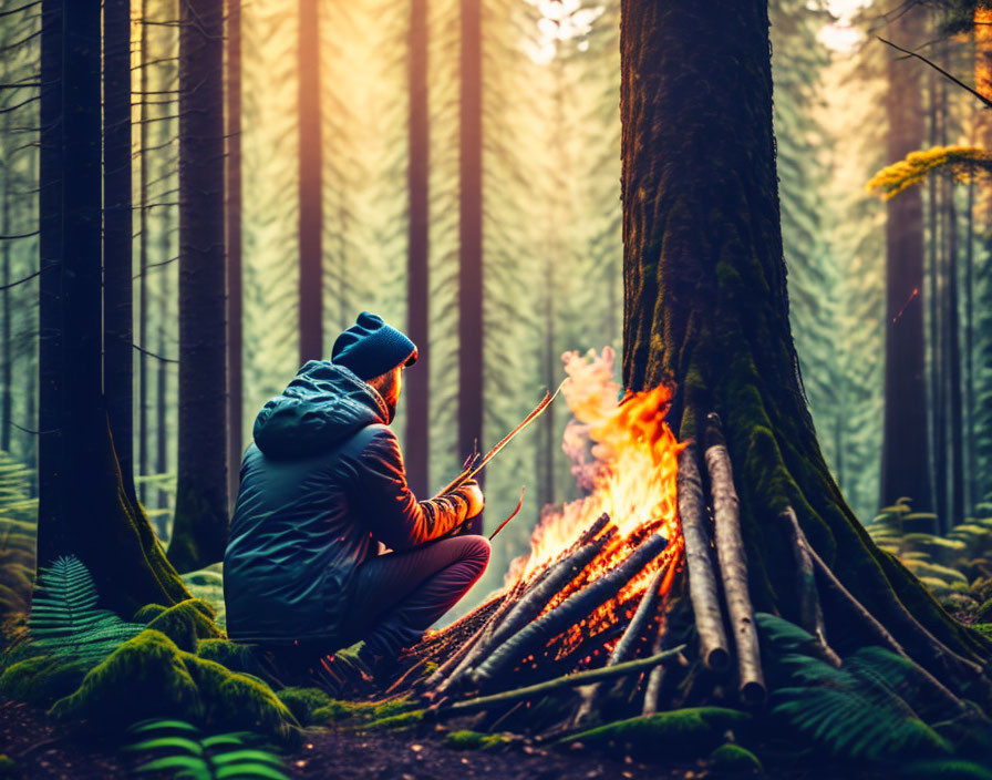 Person in warm clothing by campfire in lush forest with ferns and tall trees