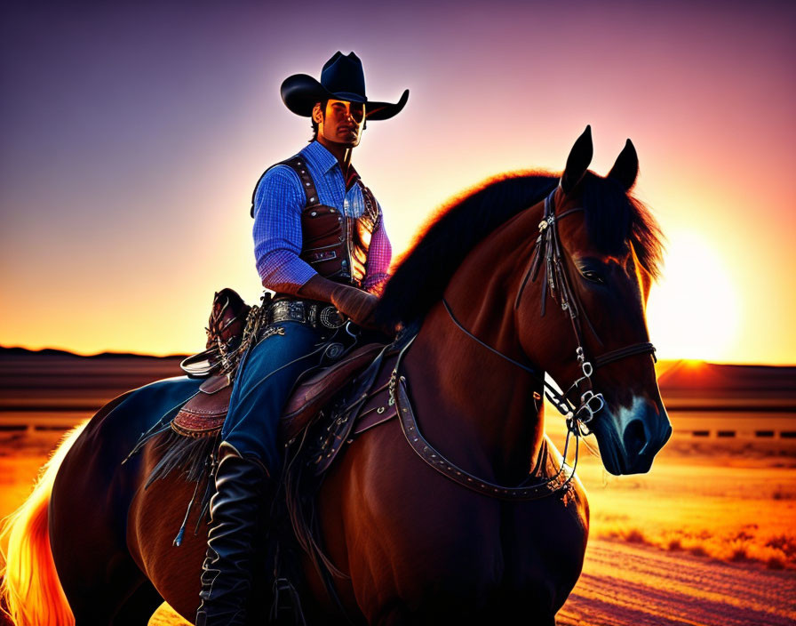 Cowboy riding horse at sunset with vibrant sky silhouette.