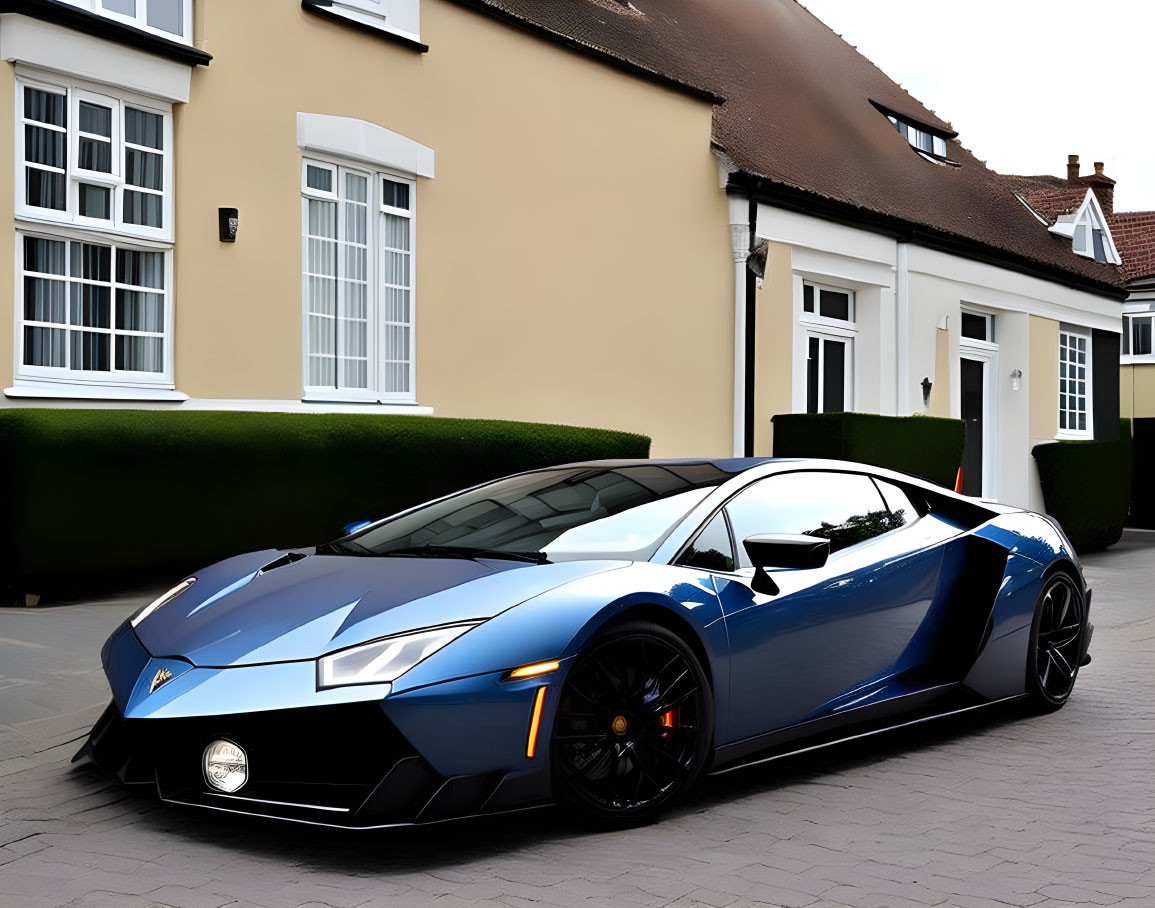 Blue sports car outside beige house with red-tiled roof on cobblestone driveway